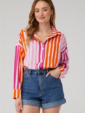 Beach Riot Alexa Top in Sunset Stripes Orange Pink Oversized Cotton Button Up